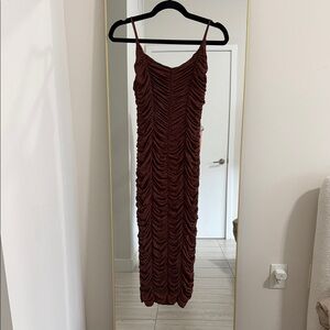 Michael Costello Brown Ruched Spaghetti-Strap Maxi Dress